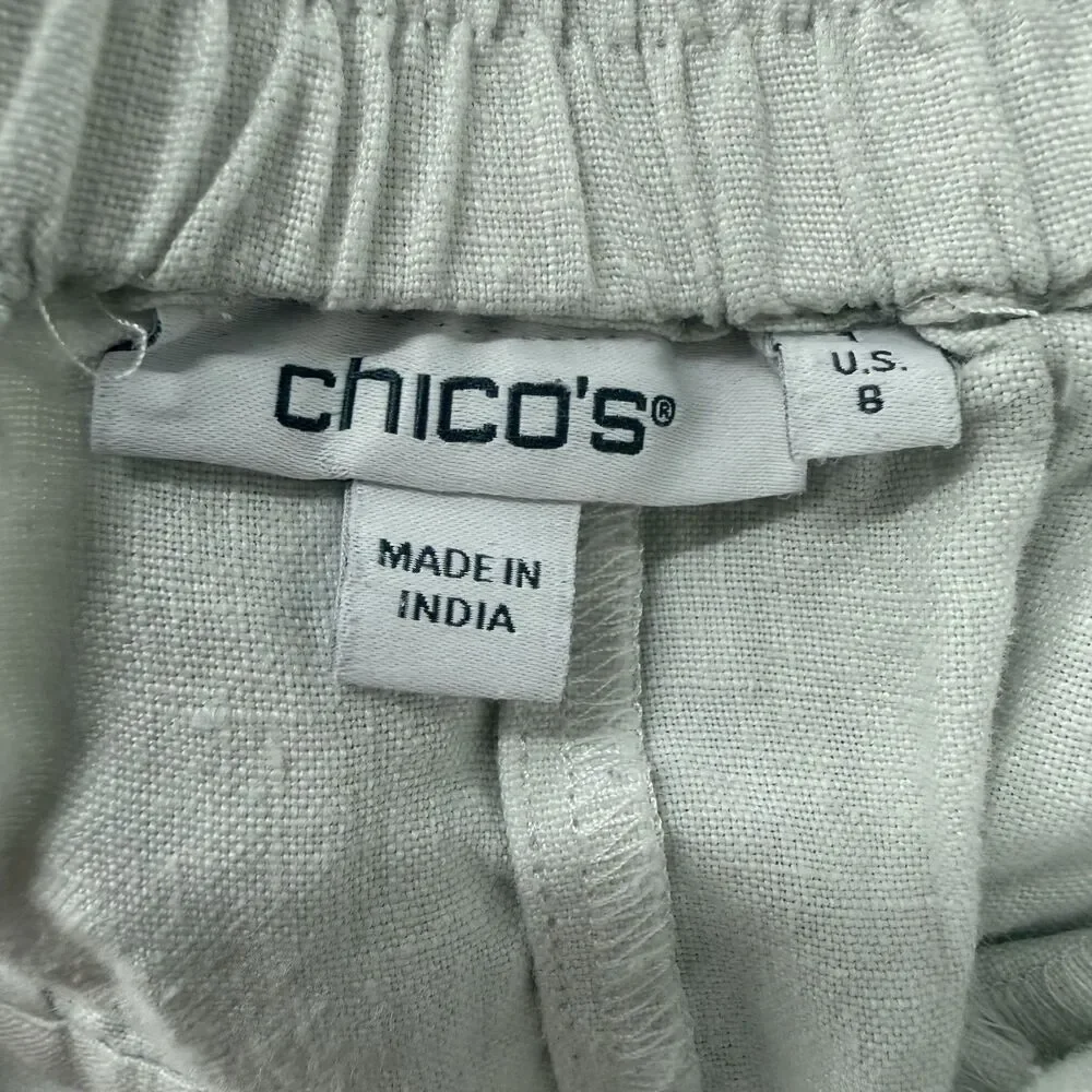 Chicos Womens Size 1 US 8 Pants Linen Ladder Cropped Leg White Pull On Coastal